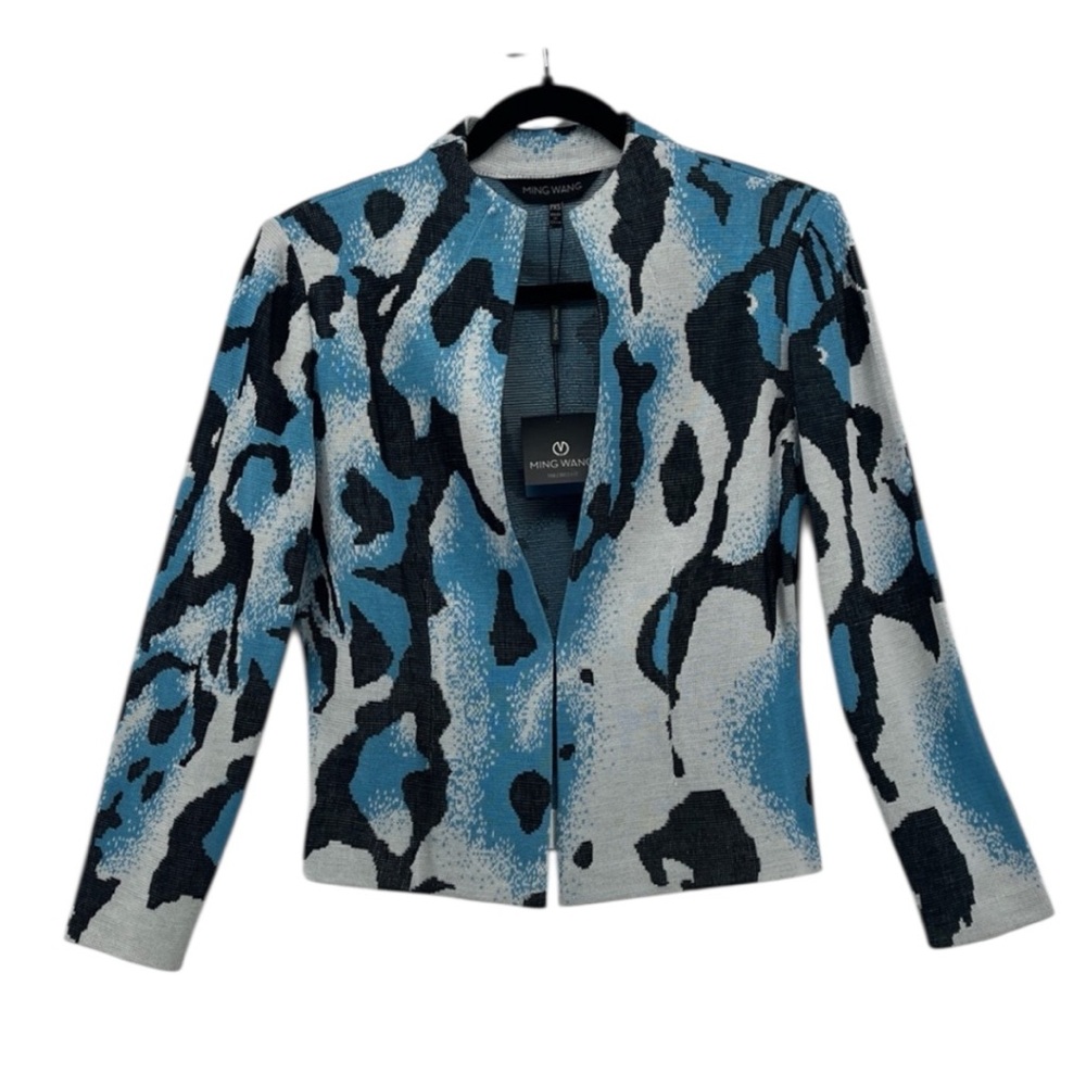 NEW MING WANG Blue and Black Abstract Knit‎ Blazer Tailored Fit Size Petite XS